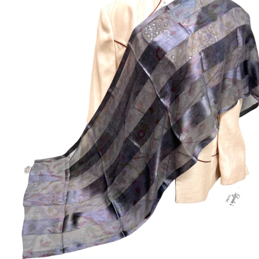 Italy Made Marlene Dam scarf silk chiffon/Satin 54"x 18" gray little burgendy(81